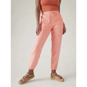 Athleta Retreat 100% Linen Jogger  Coral Sunset Glow Drawstring Pocket Casual 10